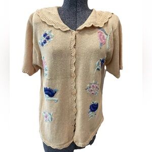Jantzen petite medium ladies Ramie cotton hand‎ embroidered sweater VTG 1980s